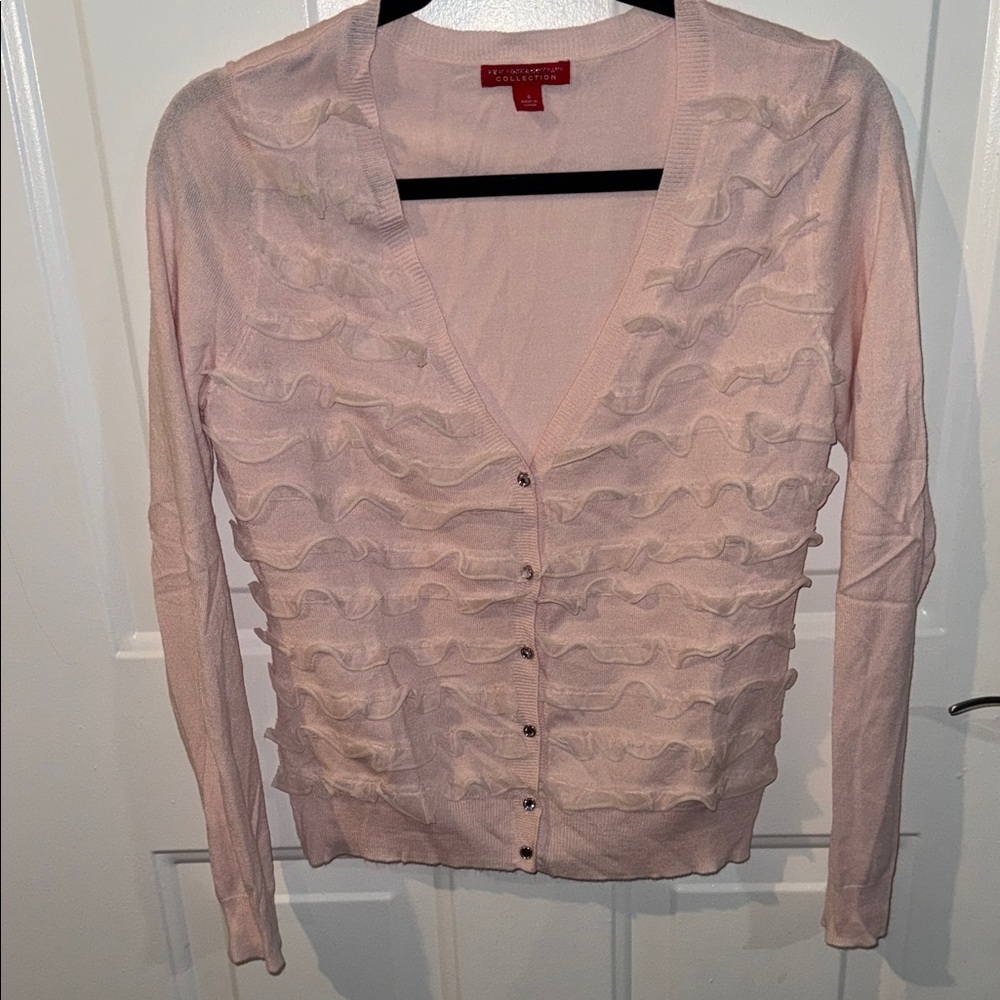 New York and Co. Collection Pink Ruffled jeweled button Cardigan Sweater